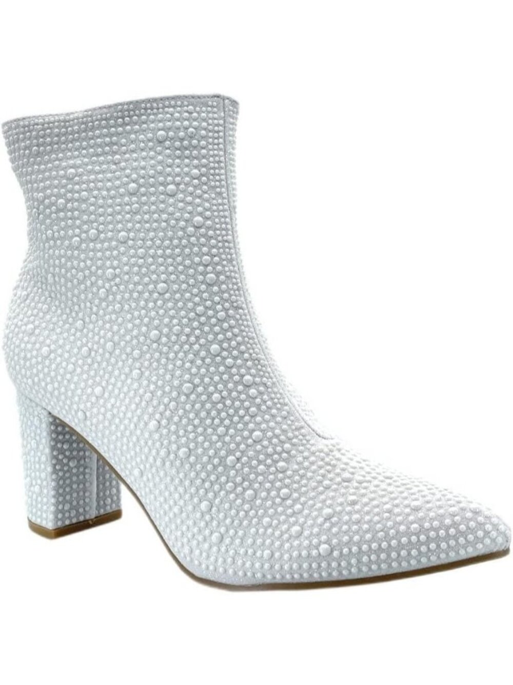 Women's Ivory Stylish Pointed Toe Rhinestone Block Medium Heel Ankle Booties